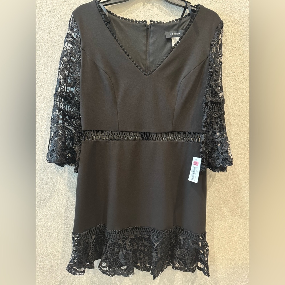 B.Darlin black dress with lace sleeves and details. Size 13/14 new with tags